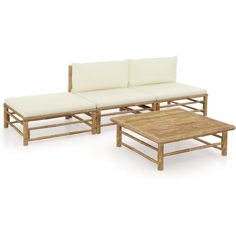 

vidaXL Set de muebles de jardín 4 piezas bambú y cojines blanco crema - Marrón