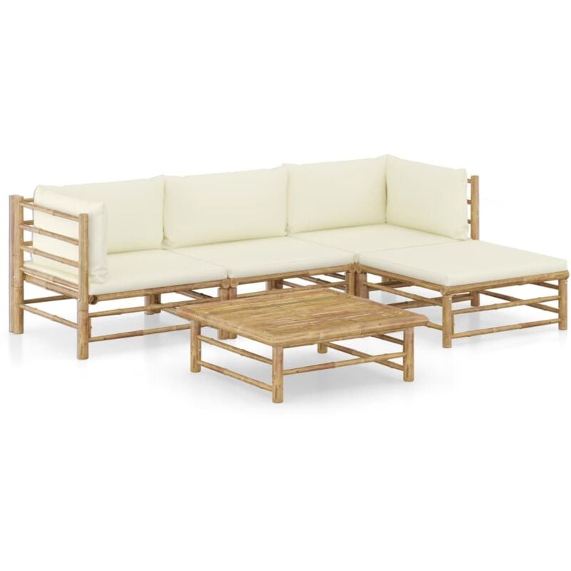 

vidaXL Set de muebles de jardín 5 piezas bambú y cojines blanco crema - Marrón