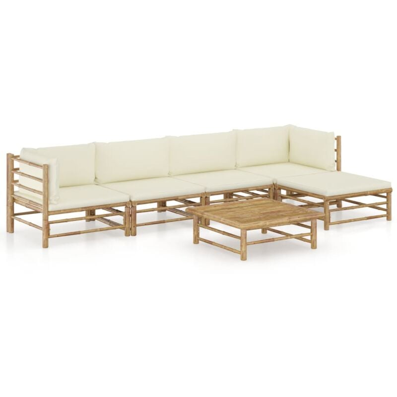 

vidaXL Set de muebles de jardín 6 piezas bambú y cojines blanco crema - Marrón