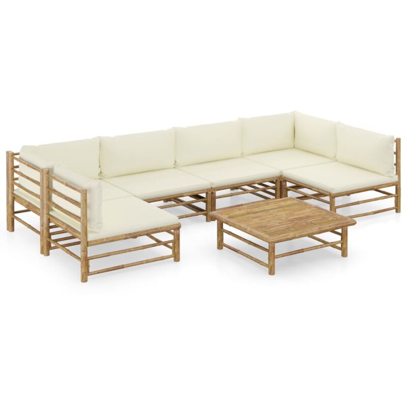 

Set de muebles de jardín 7 piezas bambú y cojines blanco crema - Marrón - Vidaxl