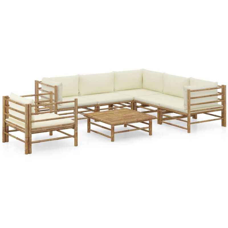 

vidaXL Set de muebles de jardín 7 piezas bambú y cojines blanco crema - Marrón