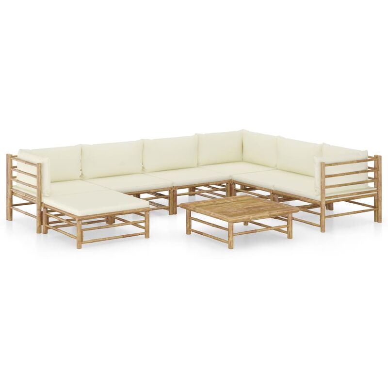 

Set de muebles de jardín 8 piezas bambú y cojines blanco crema - Marrón - Vidaxl