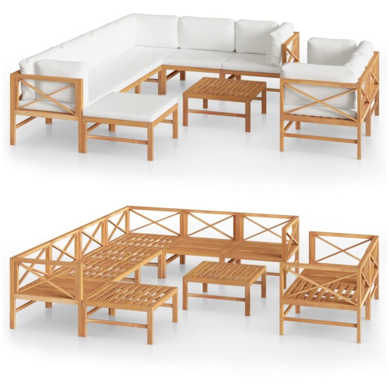 

vidaXL Set de muebles de jardín 10 pzas madera de teca y cojines crema - Crema