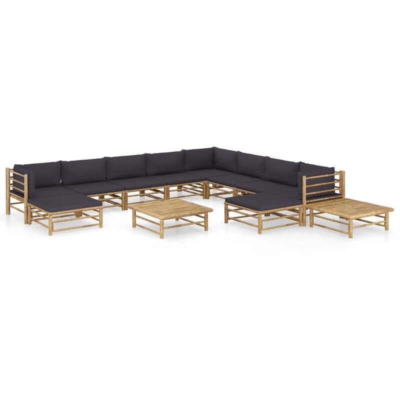 

Set de muebles de jardín 12 piezas bambú y cojines gris oscuro - Marrón - Vidaxl