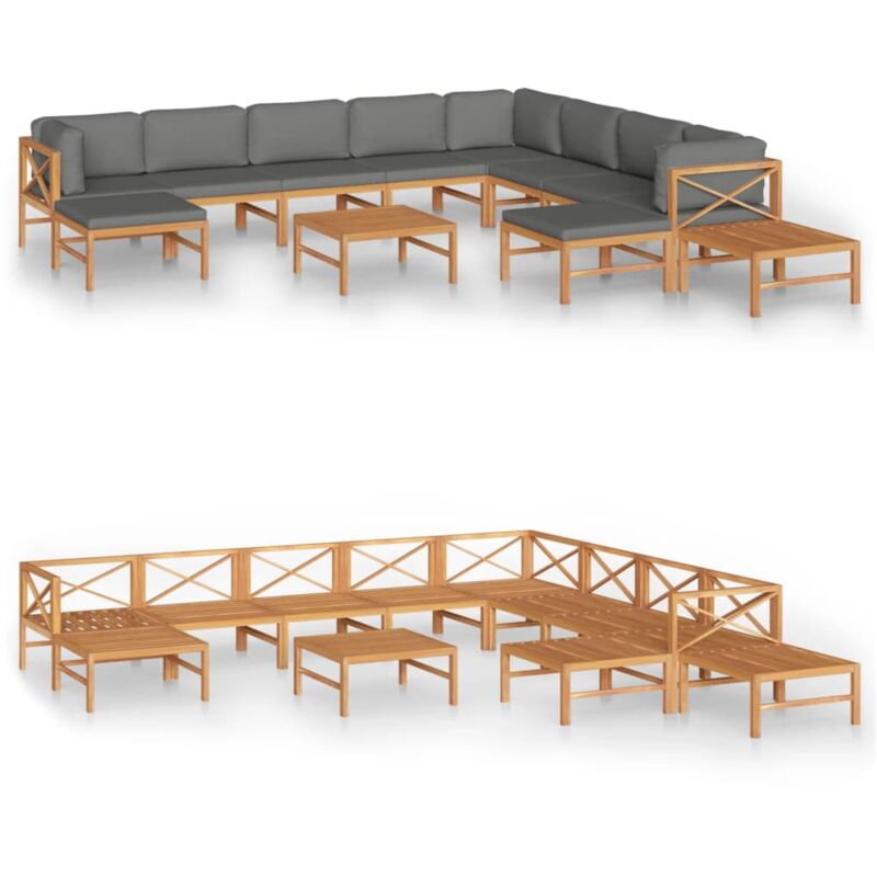 

Set de muebles de jardín 12 pzas madera de teca y cojines gris - Gris - Vidaxl