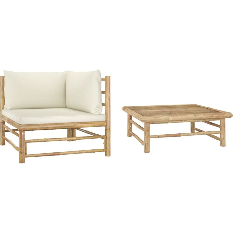 

vidaXL Set de muebles de jardín 2 piezas bambú y cojines blanco crema - Marrón