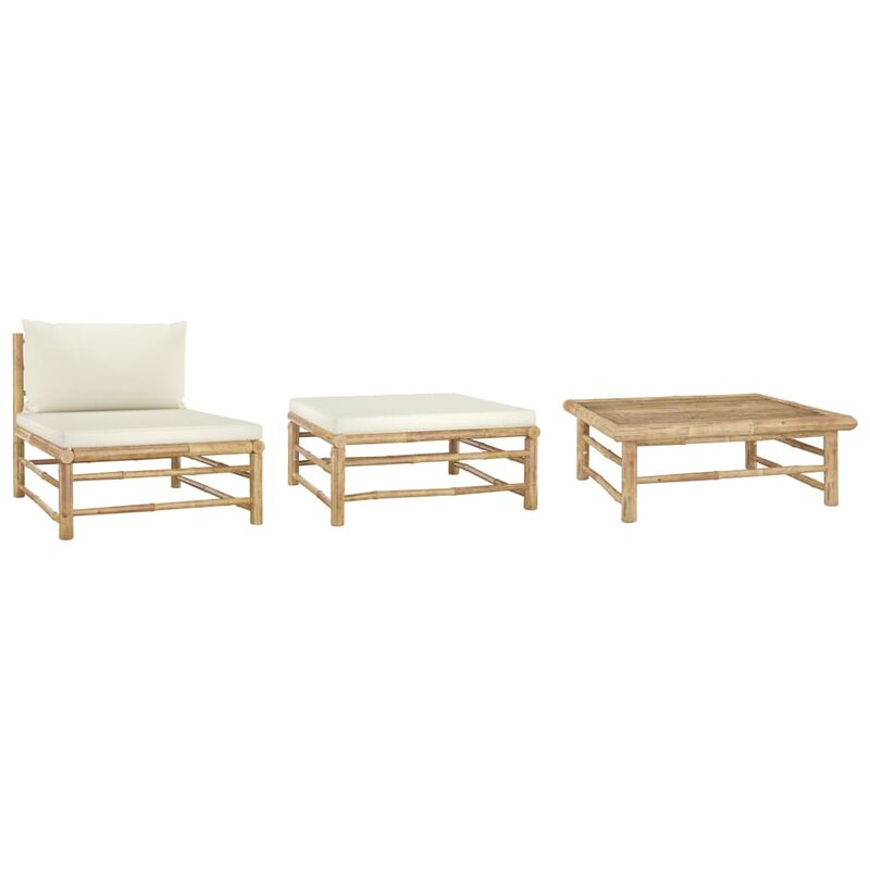 

vidaXL Set de muebles de jardín 3 piezas bambú y cojines blanco crema - Marrón