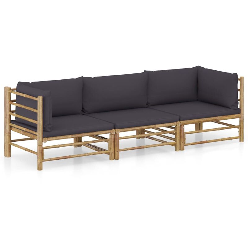 

vidaXL Set de muebles de jardín 3 piezas bambú y cojines gris oscuro - Marrón