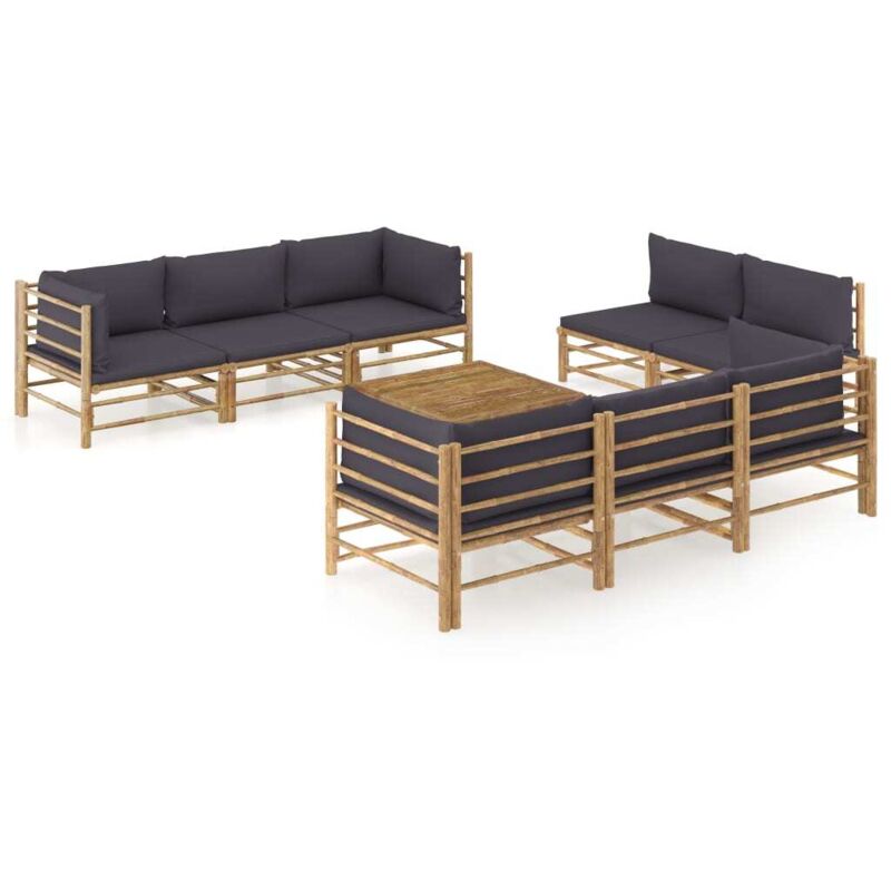 

Set de muebles de jardín 9 piezas bambú y cojines gris oscuro - Marrón - Vidaxl