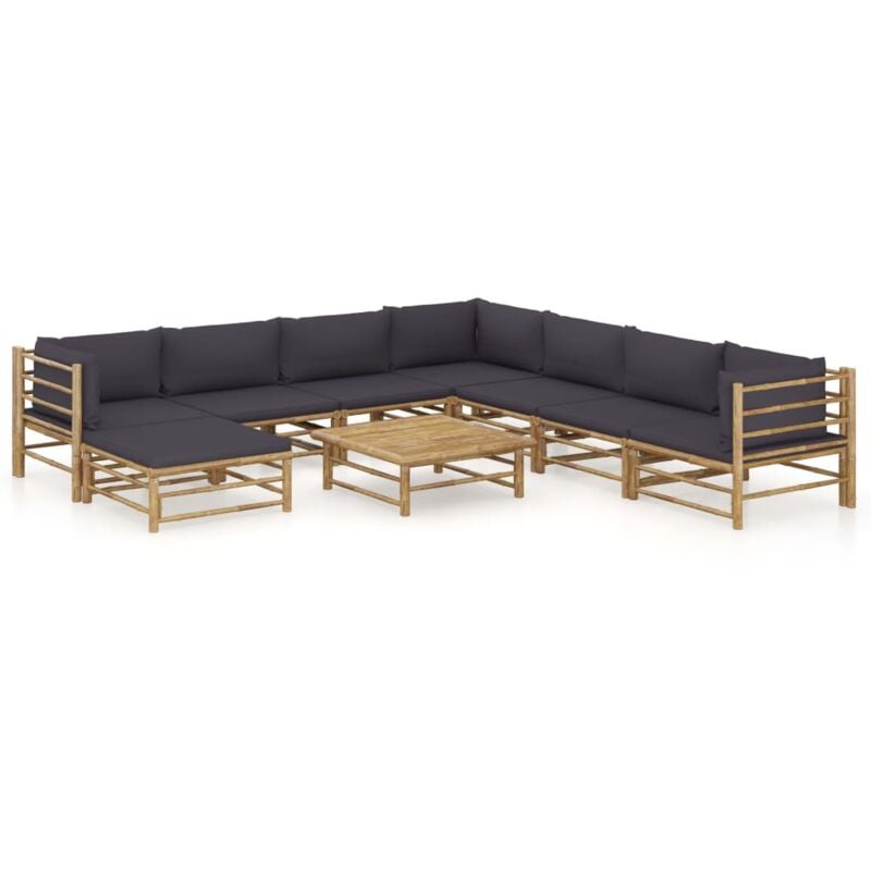 

Set de muebles de jardín 9 piezas bambú y cojines gris oscuro - Marrón - Vidaxl