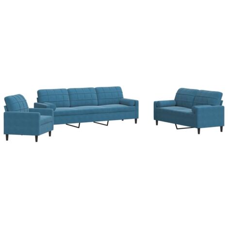vidaXL Set di Divani 3 pz con Cuscini e Rinforzi Blu in Velluto