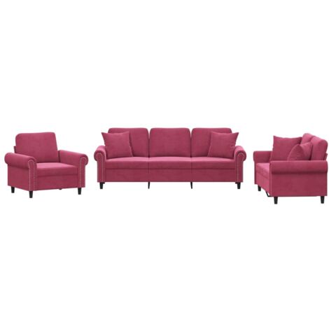 vidaXL Set di Divani 3 pz con Cuscini Rosso Vino in Velluto