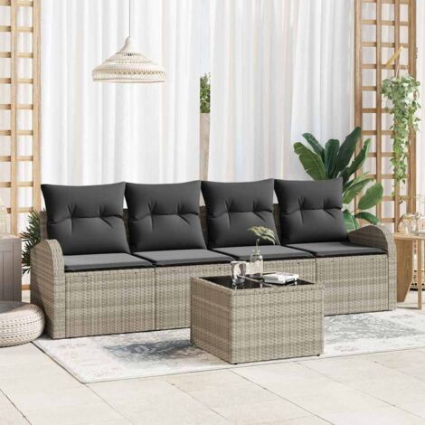 vidaXL Set di divani da giardino , 5 pezzi con cuscini grigio chiaro in rattan sintetico.
