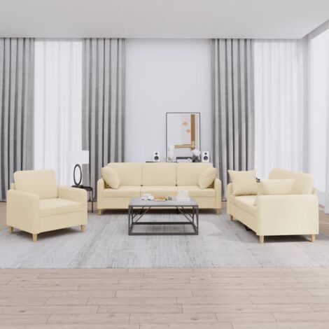 vidaXL Set Divani 3 pz con Cuscini Crema in Tessuto