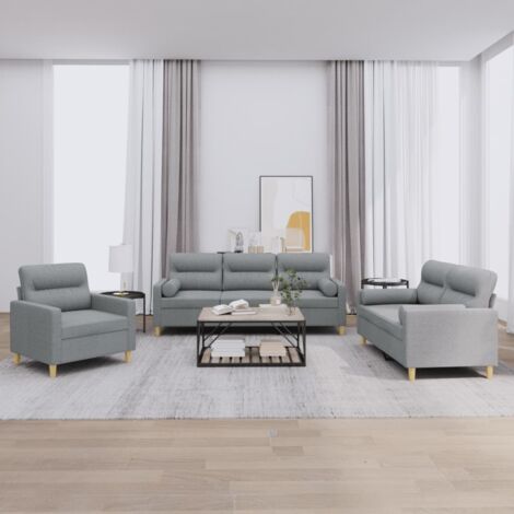 vidaXL Set Divani 3 pz con Cuscini Grigio Chiaro in Tessuto
