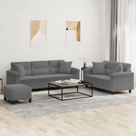 vidaXL Set Divani 3 pz con Cuscini Grigio Scuro in Tessuto Microfibra