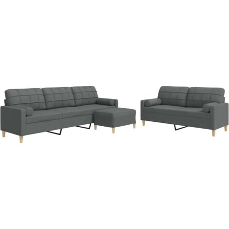 vidaXL Set Divani 3 pz con Poggiapiedi e Cuscini Grigio Scuro Tessuto