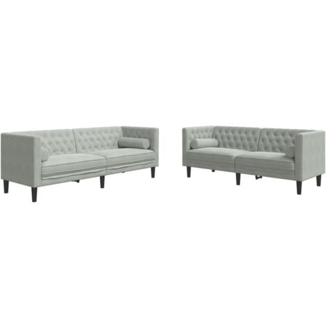 vidaXL Set Divani Chesterfield 2pz con Cuscini Grigio Chiaro Velluto