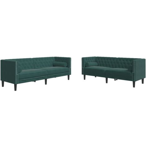 vidaXL Set Divani Chesterfield 2pz con Cuscini Verde Scuro Velluto