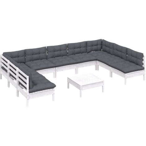 vidaXL Set Divani da Giardino 10 pz con Cuscini Bianchi Legno di Pino