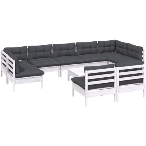 vidaXL Set Divani da Giardino 10 pz con Cuscini Bianchi Legno di Pino