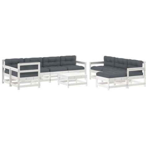 vidaXL Set Divani da Giardino 10 pz con Cuscini Legno Massello Bianco