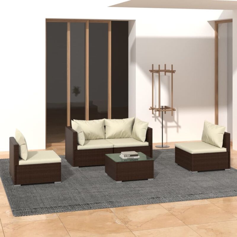 5 pz Set Divani da Giardino, Salotti da Giardino con Cuscini in Polyrattan Marrone Vidaxl