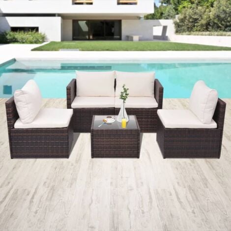 MINKUROW vidaXL Set Divani da Giardino 5 pz con Cuscini in Polyrattan Marrone