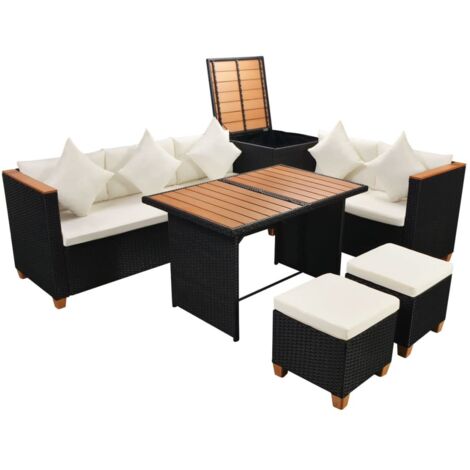vidaXL Set Divani da Giardino 7 pz con Cuscini in Polyrattan Nero
