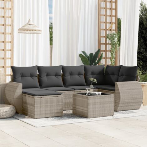 vidaXL Set Divani da Giardino 7pz con Cuscini Grigio Chiaro Polyrattan