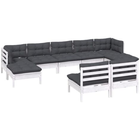 vidaXL Set Divani da Giardino 9 pz con Cuscini Bianchi Legno di Pino