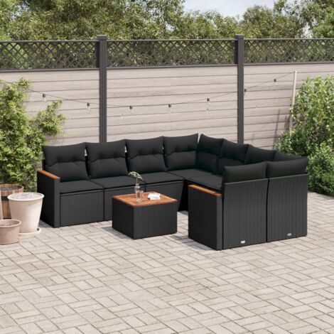 vidaXL Set Divani da Giardino 9 pz con Cuscini Nero in Polyrattan
