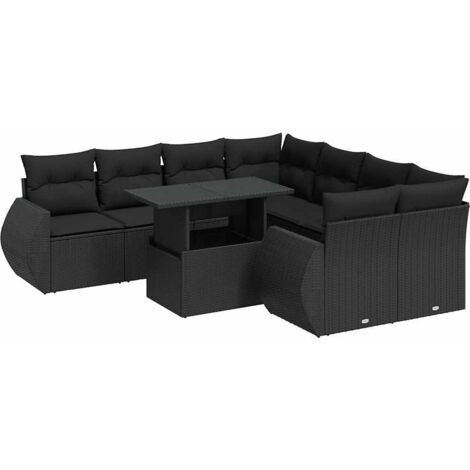 vidaXL Set Divani da Giardino 9 pz con Cuscini Nero in Polyrattan