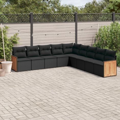 vidaXL Set Divani da Giardino 9 pz con Cuscini Nero in Polyrattan
