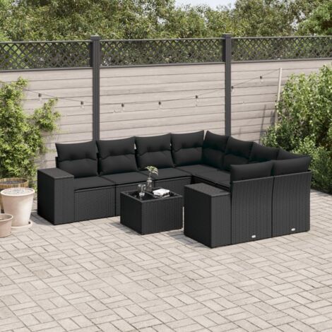 vidaXL Set Divani da Giardino 9 pz con Cuscini Nero in Polyrattan