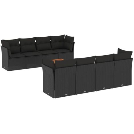 vidaXL Set Divani da Giardino 9 pz con Cuscini Nero in Polyrattan