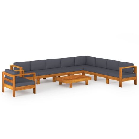 vidaXL Set Divani Giardino 10Posti Cuscini Grigi Scuro Massello Acacia