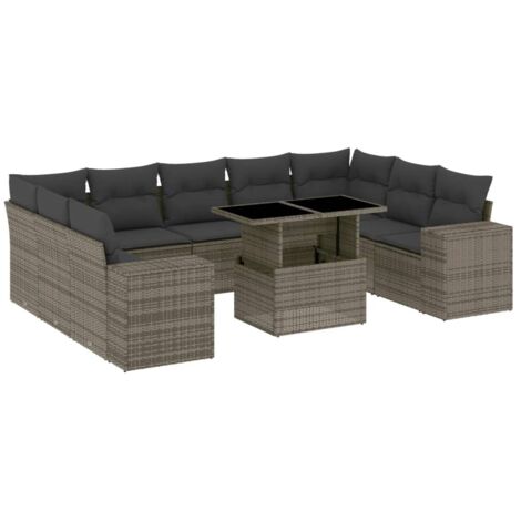 vidaXL Set Divano da Giardino 10 pz con Cuscini Grigio in Polyrattan