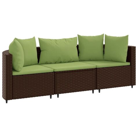 Divano Da Giardino 3 Posti In Polyrattan Marrone - Con Cuscini Bianco Crema