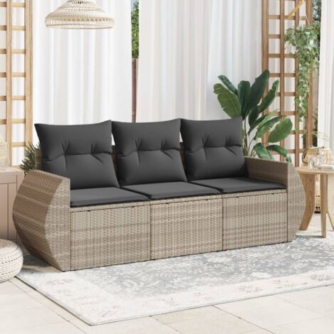 vidaXL Set Divano da Giardino 3pz con Cuscini Grigio Chiaro Polyrattan
