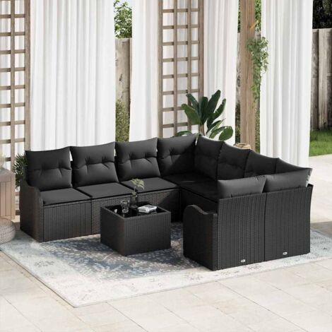 vidaXL Set Divano da Giardino 9 pcs Nero Polyrattan, Acciaio e Vetro