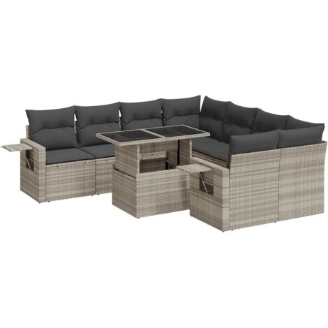 vidaXL Set Divano da Giardino 9pz con Cuscini Grigio Chiaro Polyrattan