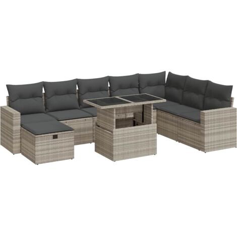 vidaXL Set Divano da Giardino 9pz con Cuscini Grigio Chiaro Polyrattan