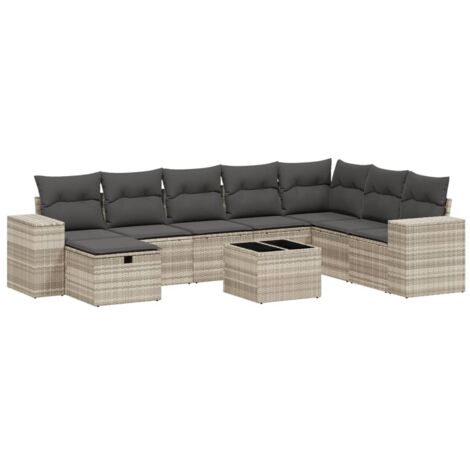 vidaXL Set Divano da Giardino 9pz con Cuscini Grigio Chiaro Polyrattan