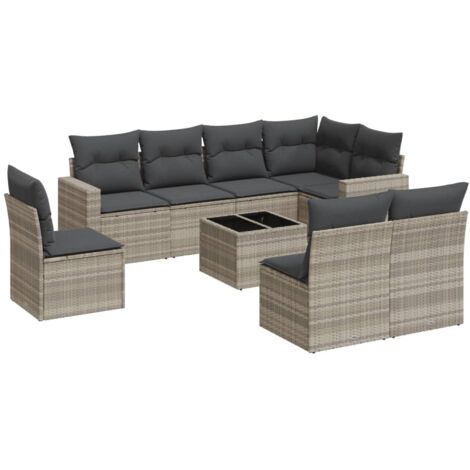 vidaXL Set Divano da Giardino 9pz con Cuscini Grigio Chiaro Polyrattan