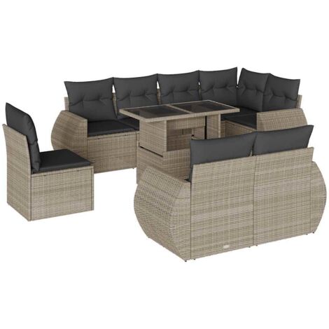 vidaXL Set Divano da Giardino 9pz con Cuscini Grigio Chiaro Polyrattan