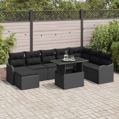 vidaXL Set Divano da Giardino con cuscino 9 pcs Nero Poly Rattan