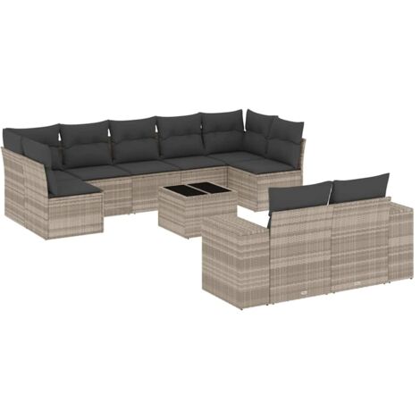 vidaXL Set Divano Giardino 10 pz con Cuscini Grigio Chiaro Polyrattan