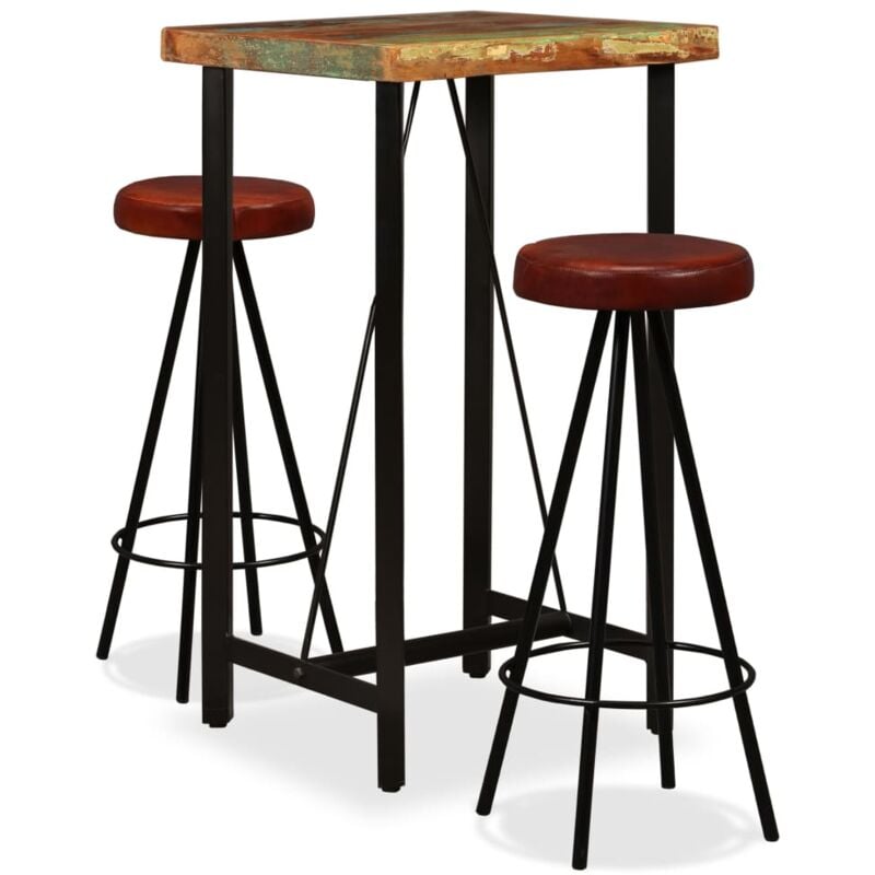 

Set Muebles de Bar Madera Maciza Reciclada Cuero Genuino 3 Piezas - Marrón - Vidaxl