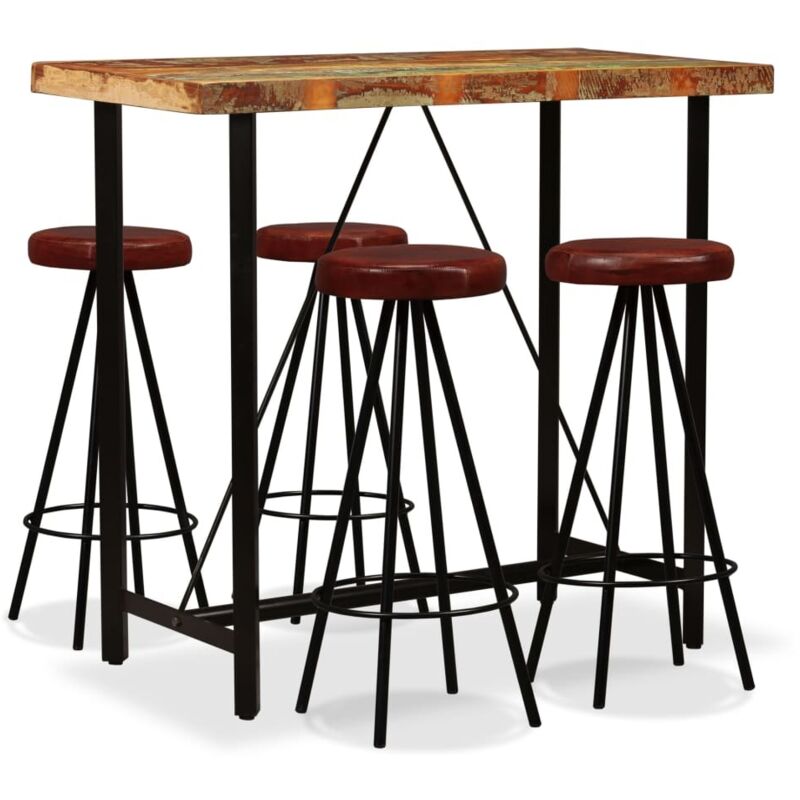 

Set Muebles de Bar Madera Maciza Reciclada Cuero Genuino 5 Piezas - Marrón - Vidaxl